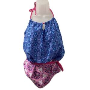 Nicole Miller One Piece Halter Swimsuit Blue and Pink